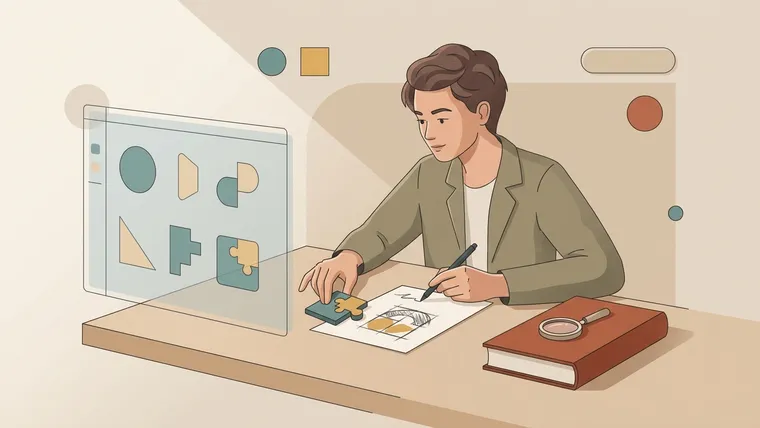 A writer reviewing AI suggestions while keeping a pencil, draft, and reference book close