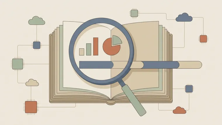 Flat illustration of a magnifying lens over an open prospectus showing bar charts and a long timeline bar