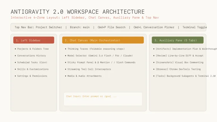 Google Antigravity 2.0 desktop app with sidebar, agent conversation, and side pane for plans, diffs, and automations