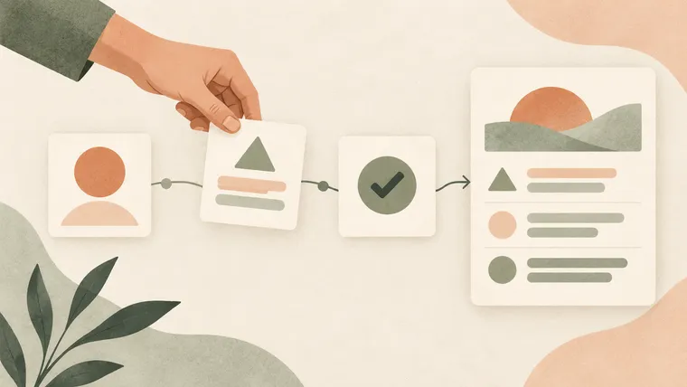 Question and context cards pass through a check and become a useful finished page.