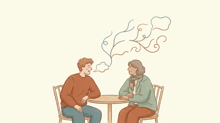 两人围桌聊天，上方的对话线条自然延伸成分支