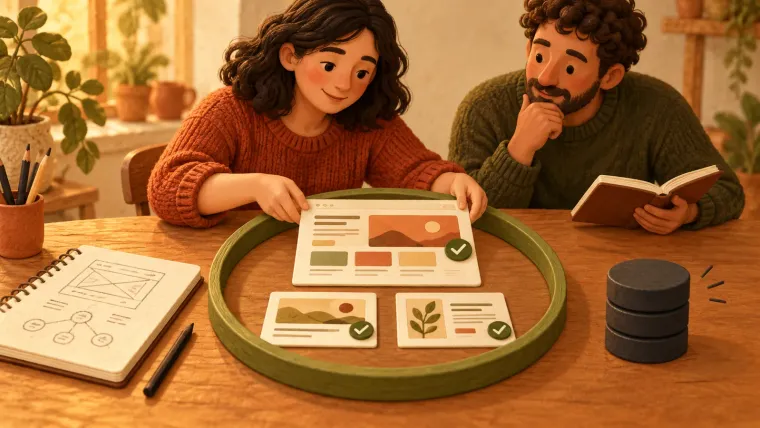 Illustration of two people at a table with checked page-design cards inside a green circle and a database stack left outside it.