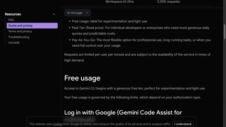 The official Gemini CLI quota page describing free access and its authentication-dependent limits.