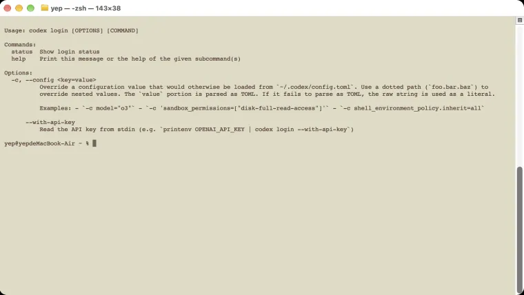 The installed Codex CLI shows the available login commands and options.
