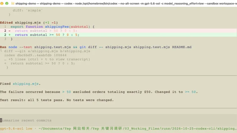 A real Codex CLI session working on the shipping-fee practice project.
