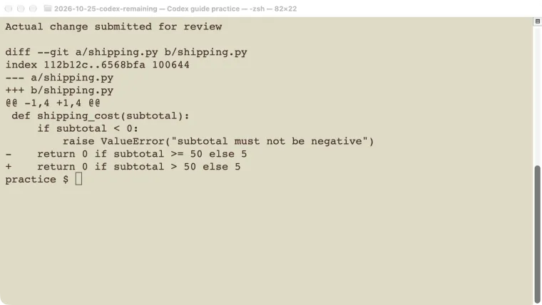 Actual one-line shipping regression used in the local Codex review test.