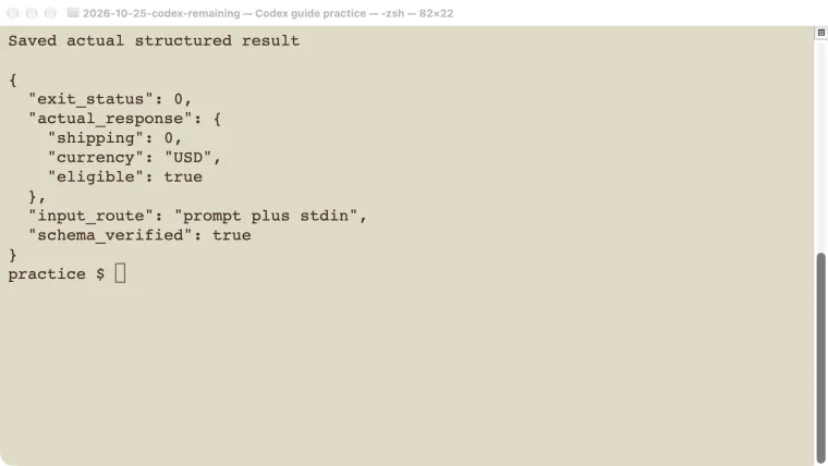 Actual structured shipping quote returned by a non-interactive Codex exec test.