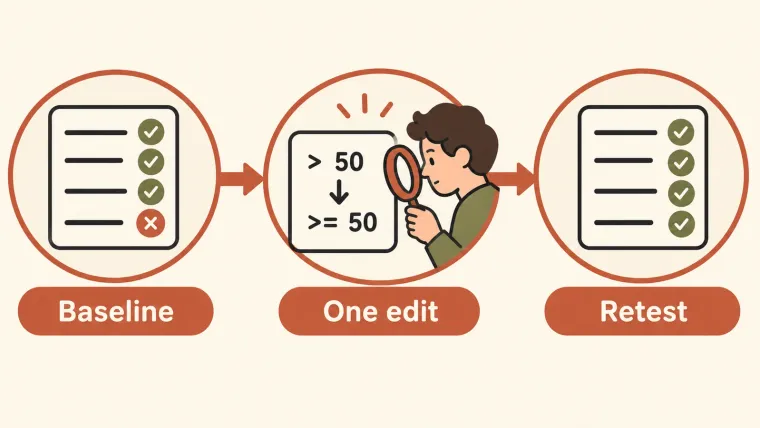 The exercise starts with one failing test and passes all four after the reference fix.