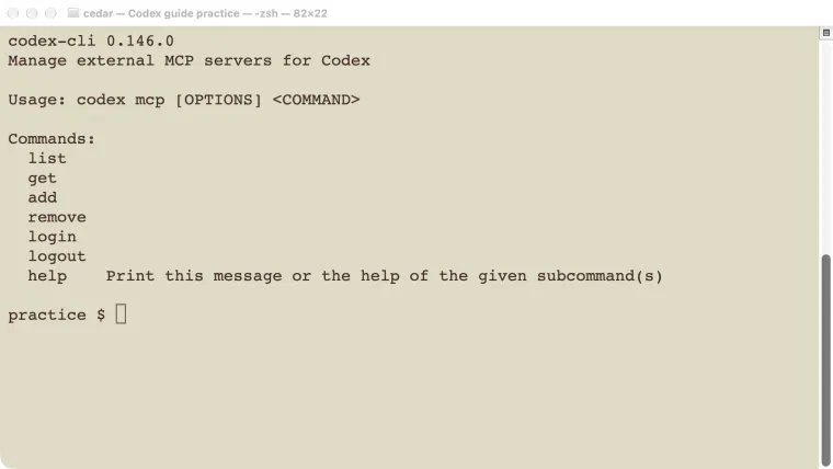 Actual Codex MCP command help showing connection management commands.