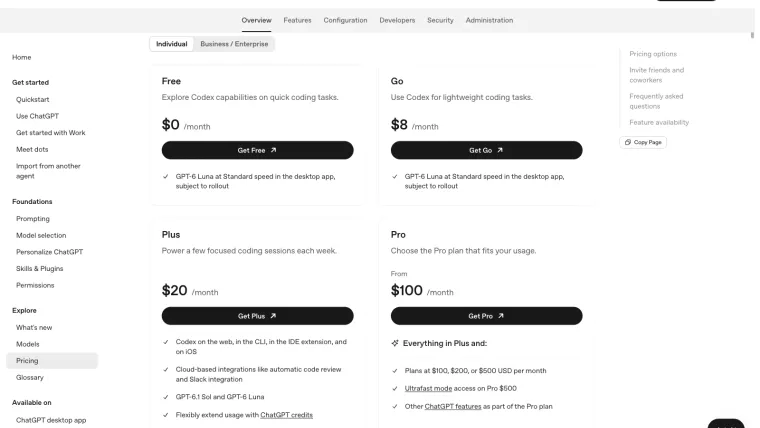 OpenAI's pricing page displays the Free, Go, Plus, and Pro plans.