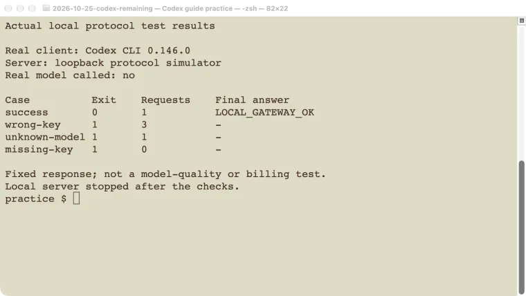 Actual results from four Codex CLI requests against a local protocol simulator, including the no-request missing-key case.