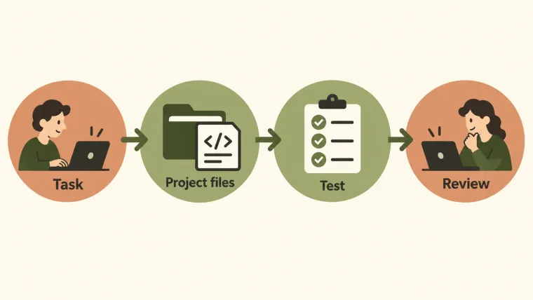 A coding task connects project changes, tests, and human review.
