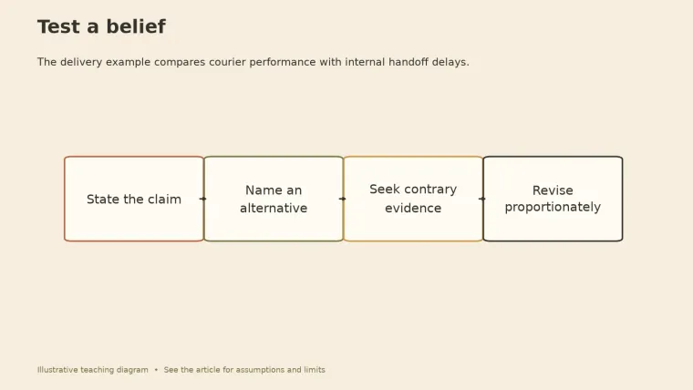 A four-step flow for testing a belief: state the claim, name an alternative, seek contrary evidence, and revise proportionately.