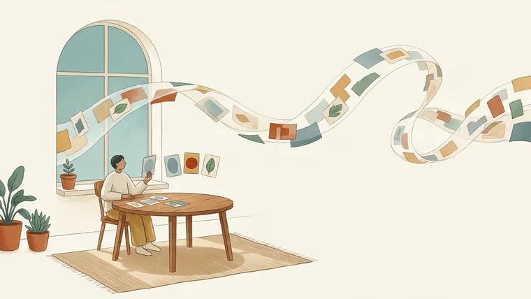 A person selecting cards from a flowing information stream to curate an information diet