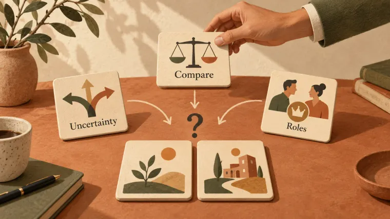 Illustrated tiles labeled Compare, Uncertainty, and Roles on a table, with arrows pointing to a question mark between two picture cards.