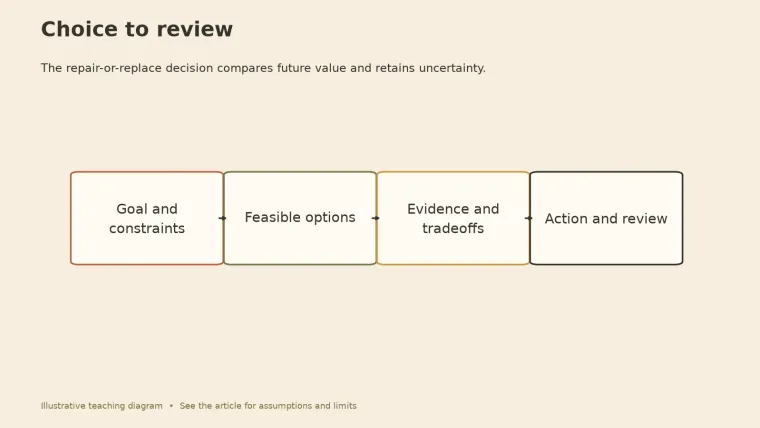 A four-step flow diagram for decisions: goal and constraints, feasible options, evidence and tradeoffs, then action and review.