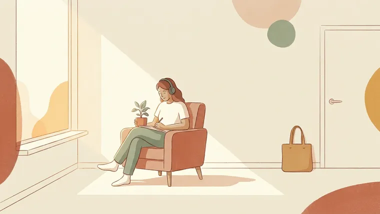 A person enjoying music, drawing, and a plant in a quiet room without a performance target