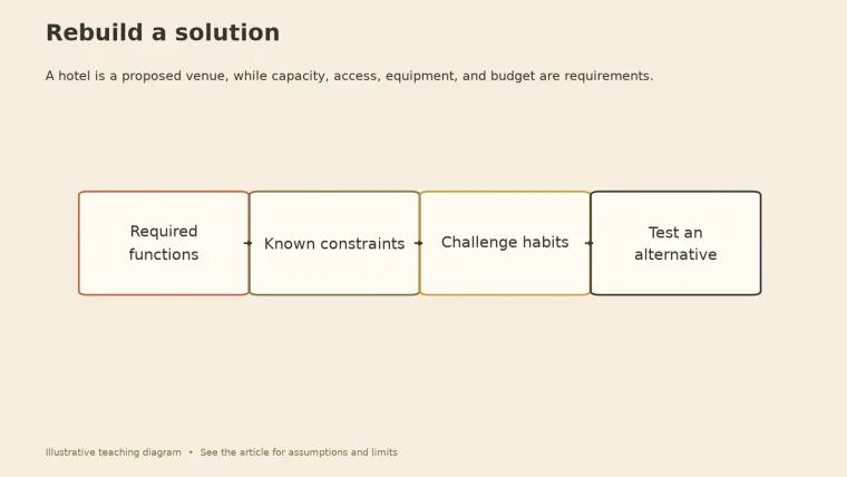 Four-step flow: required functions, known constraints, challenge habits, test an alternative.