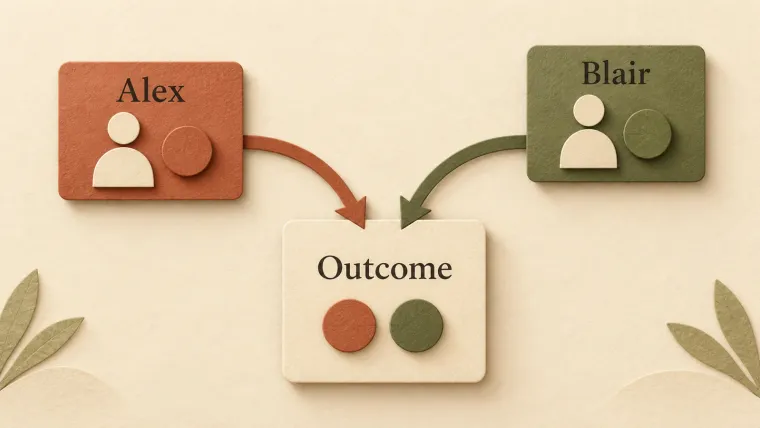 Paper-cut illustration of Alex and Blair, each holding a token, with arrows from both players leading into one shared Outcome card.