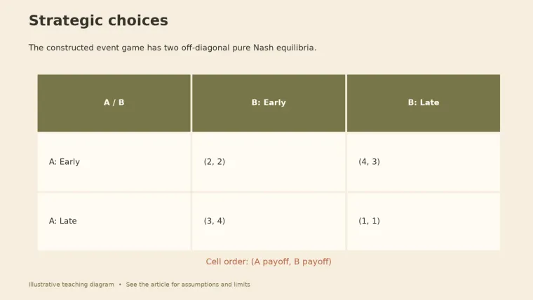 A two-by-two payoff matrix for players A and B choosing early or late, with payoffs listed as A's then B's.