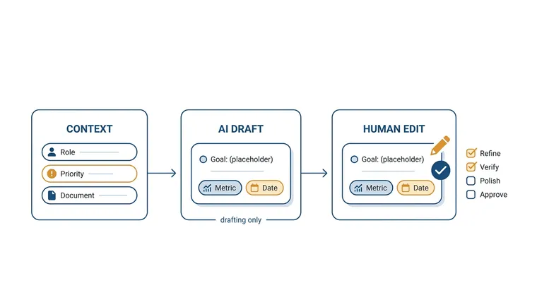 Diagram showing how a generative AI goals feature turns role context and priorities into a draft goal that a human then edits and approves