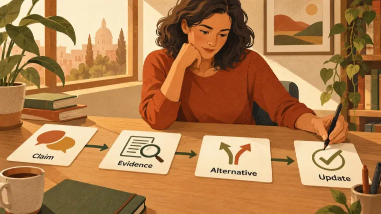 A reader checks a claim against evidence and an alternative before updating a judgment