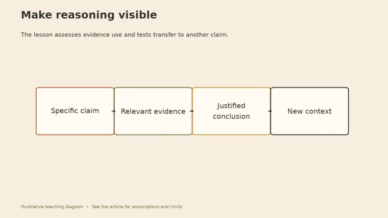 Four-step flow: specific claim, relevant evidence, justified conclusion, new context.