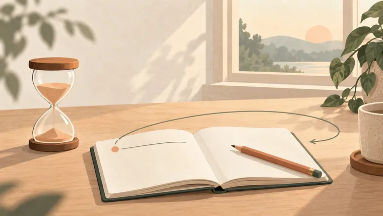 An hourglass and open notebook on a desk, with an arrow returning to the task.
