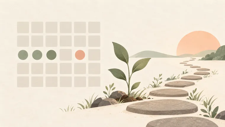 A calendar with gaps and a return marker beside a growing plant and stepping stones.