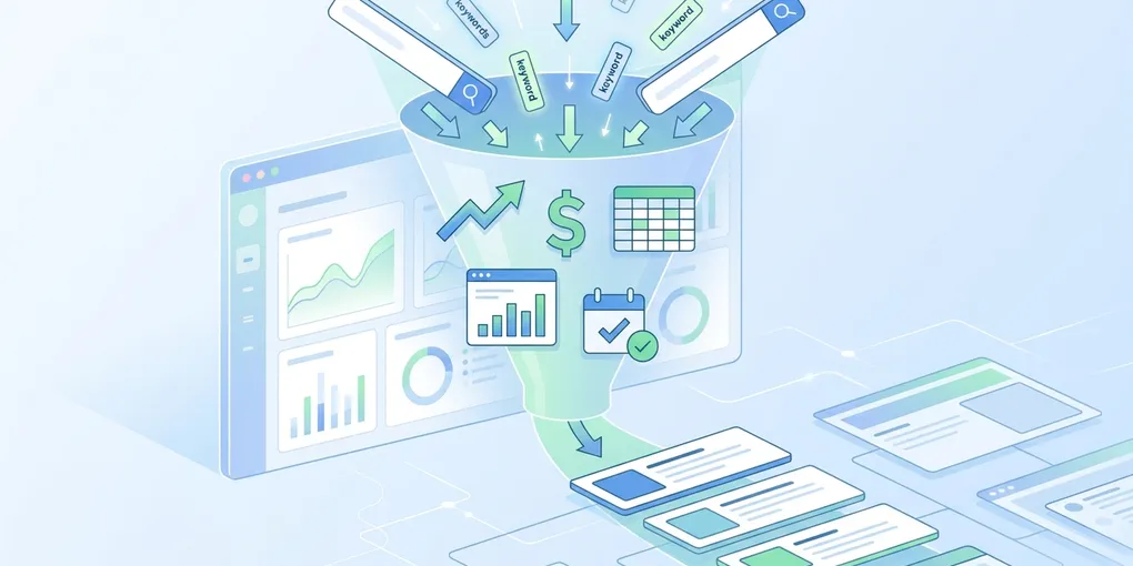 Illustration of a keyword research dashboard funneling search terms into prioritized content opportunities.