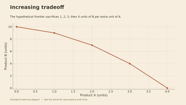 Line graph of a hypothetical frontier falling from 10 units of B at zero A to zero B at 4 units of A, getting steeper as A rises.