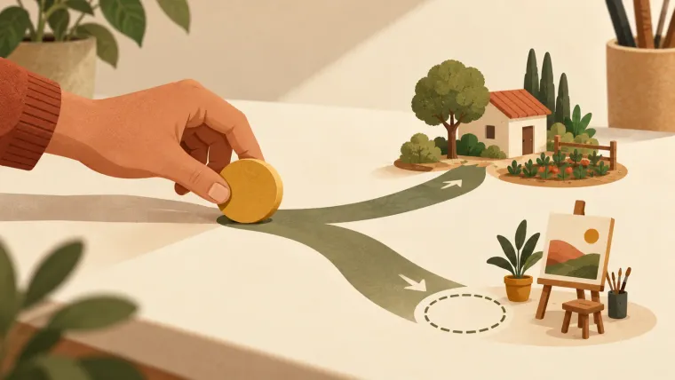 A hand places a coin where a path forks: one branch leads to a house and garden, the other to an easel beside an empty circle.