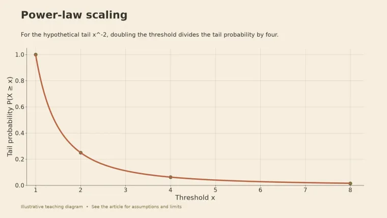 Curve of the hypothetical tail probability x to the power -2, falling from 1 at threshold 1 to about 0.016 at threshold 8.