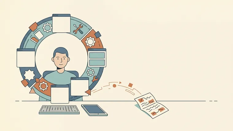A person surrounded by a loop of productivity apps with a path toward a finished page