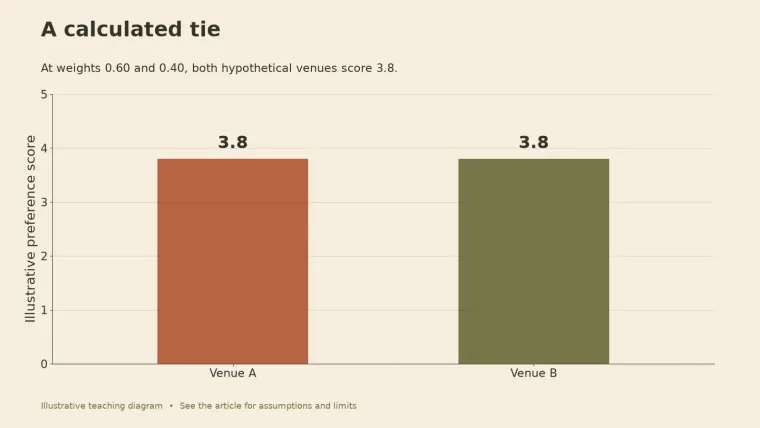 Bar chart of two hypothetical venues, A and B, each reaching the same weighted preference score of 3.8.