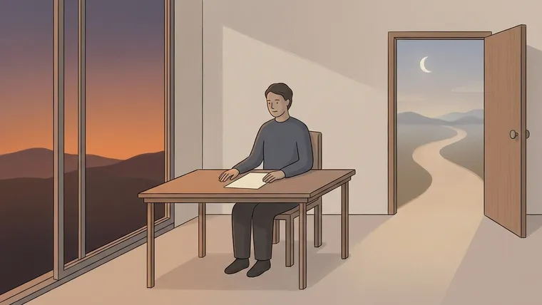 Person scared to quit their job working on a resume at a desk, beside an open door to a winding path