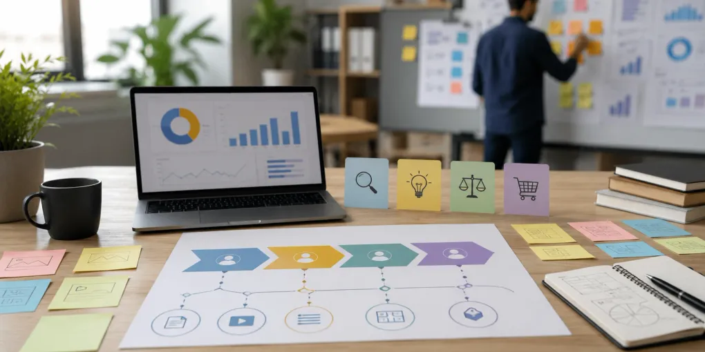 Search intent cards mapped to stages of the buyer journey on a content planning desk.