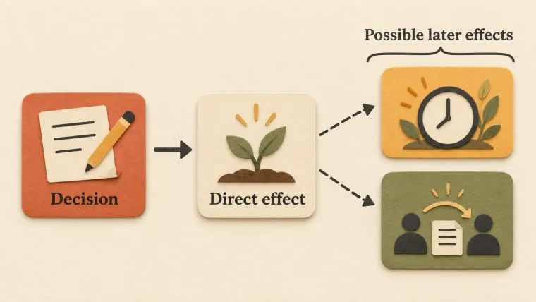 Illustrated flow from a decision to its direct effect, then dashed arrows to two possible later effects: time and a handoff between people.