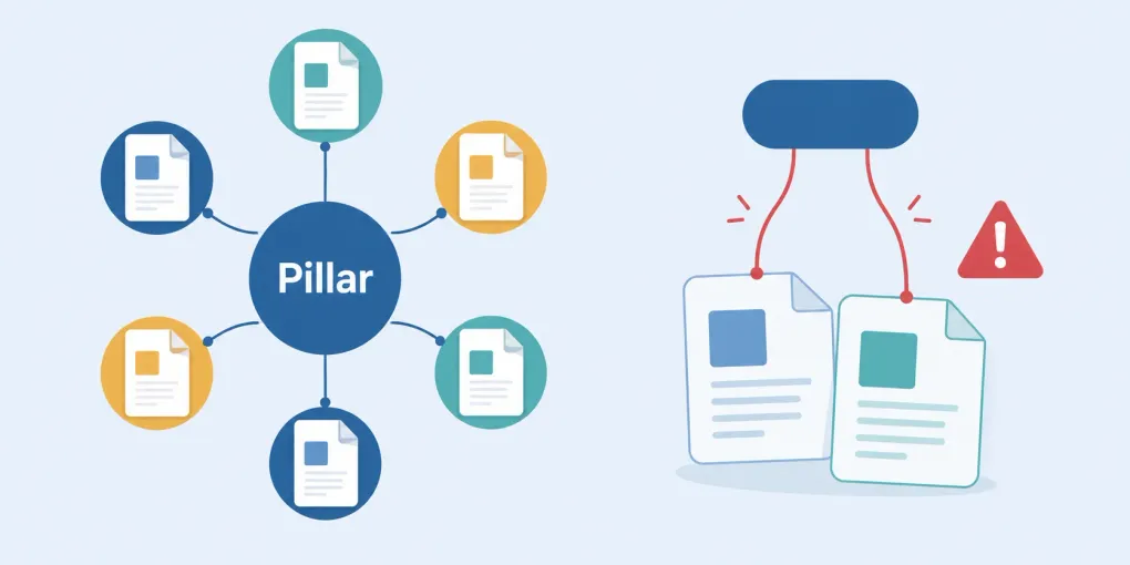 Topic cluster diagram with a pillar page beside two pages cannibalizing the same keyword.