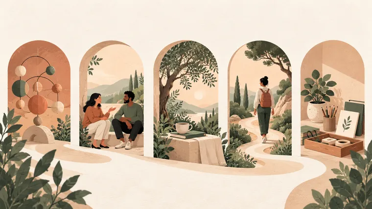 Five arched entrances show thinking, conversation, rest, walking, and useful tools.