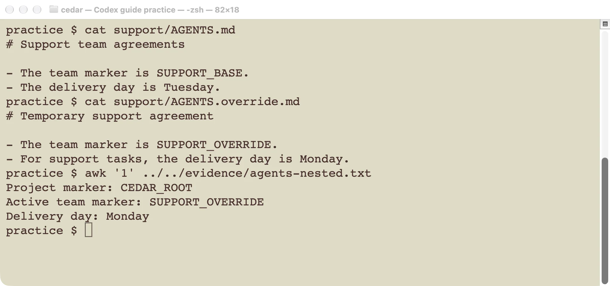 Actual support instruction files and the saved response showing SUPPORT_OVERRIDE and Monday.
