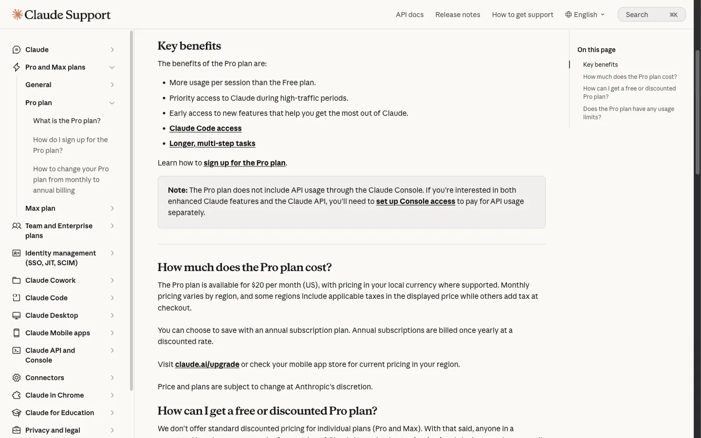 Anthropic's official Pro plan documentation listing Claude Code access among paid-plan benefits.