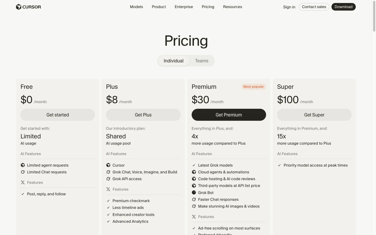The actual Cursor pricing page showing its free tier and limited agent and chat requests.