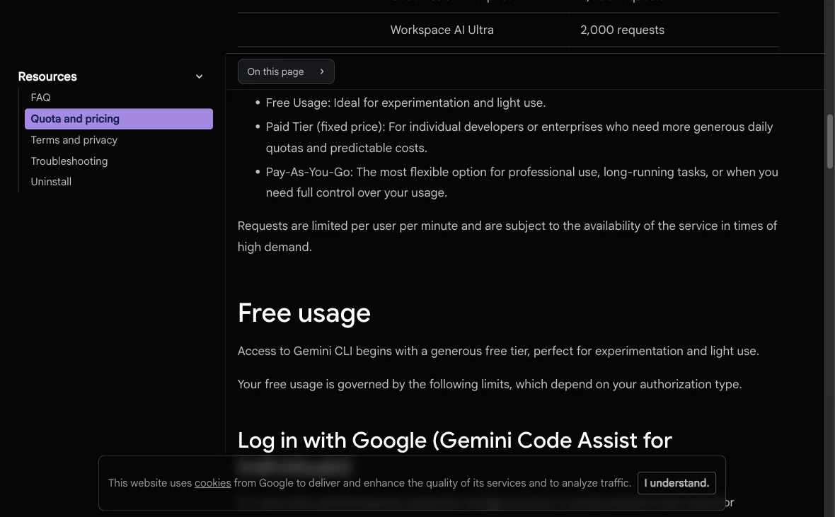 The official Gemini CLI quota documentation distinguishing free Google-account access from other authentication routes.