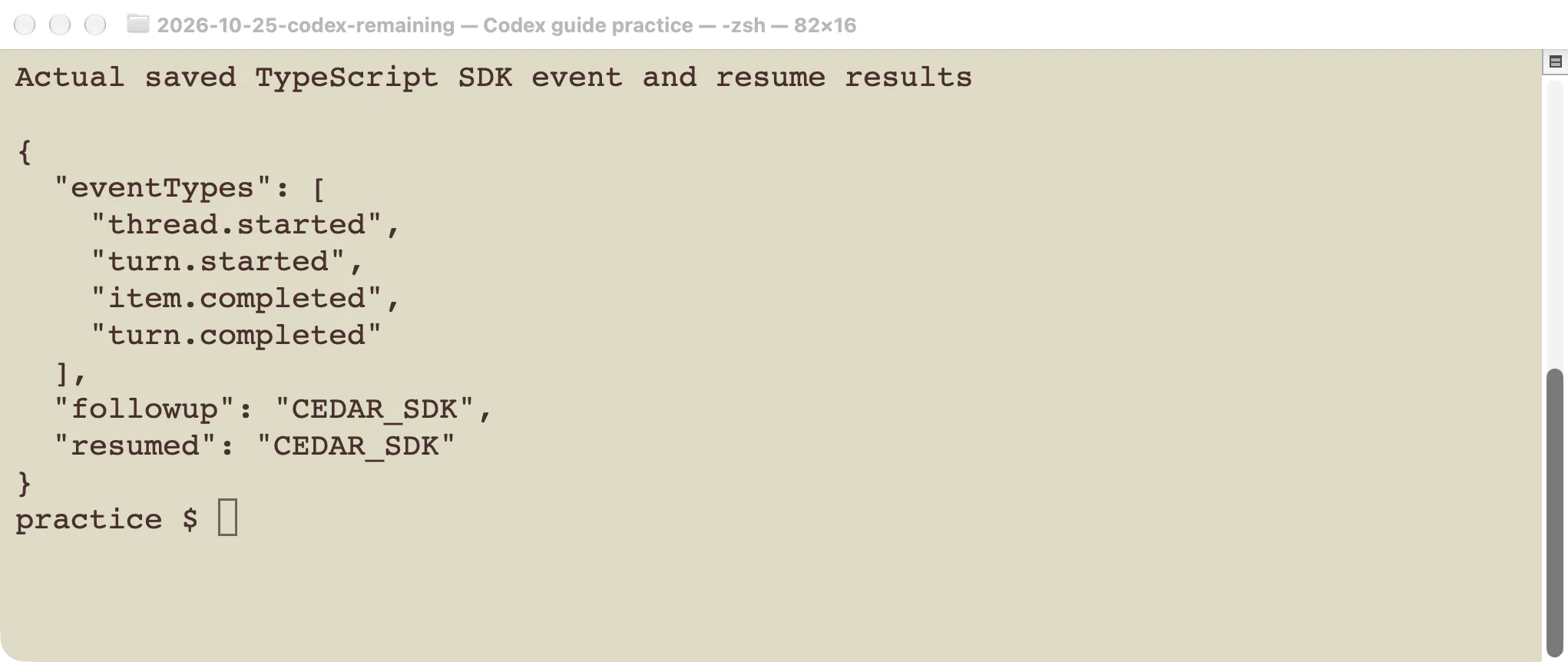 Saved results from the actual TypeScript SDK test, including its streamed events and restored conversation marker.