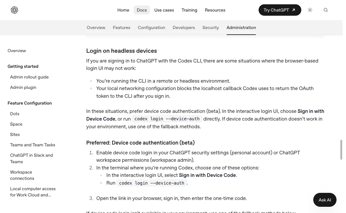 The official guide shows the device-code command and the steps for a machine without a usable browser.