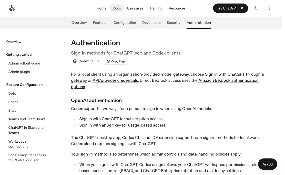 OpenAI's authentication instructions explain ChatGPT sign-in and the separate API-key option.