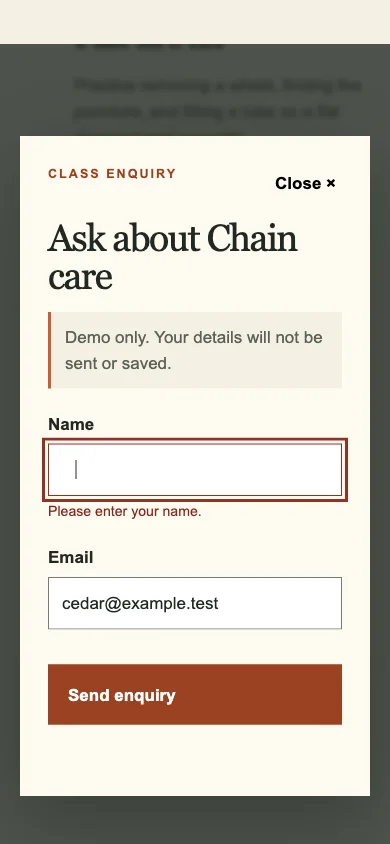 The real corrected dialog at phone width rejecting a whitespace-only name and keeping the form open.