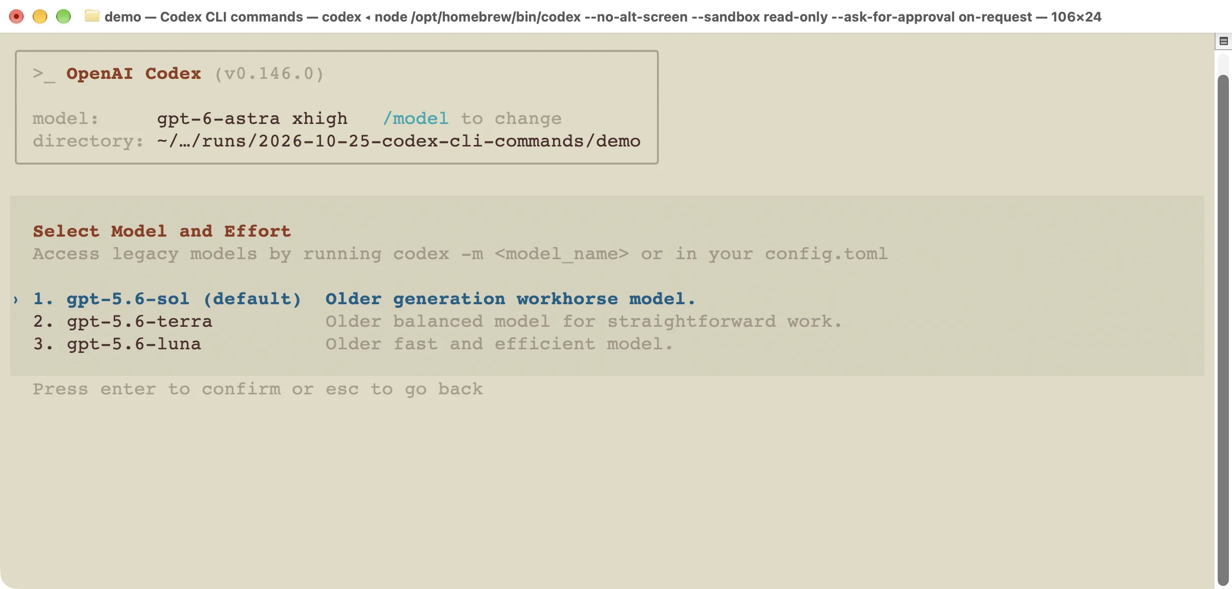 The model picker in a real Codex CLI session, showing the choices available to that account.