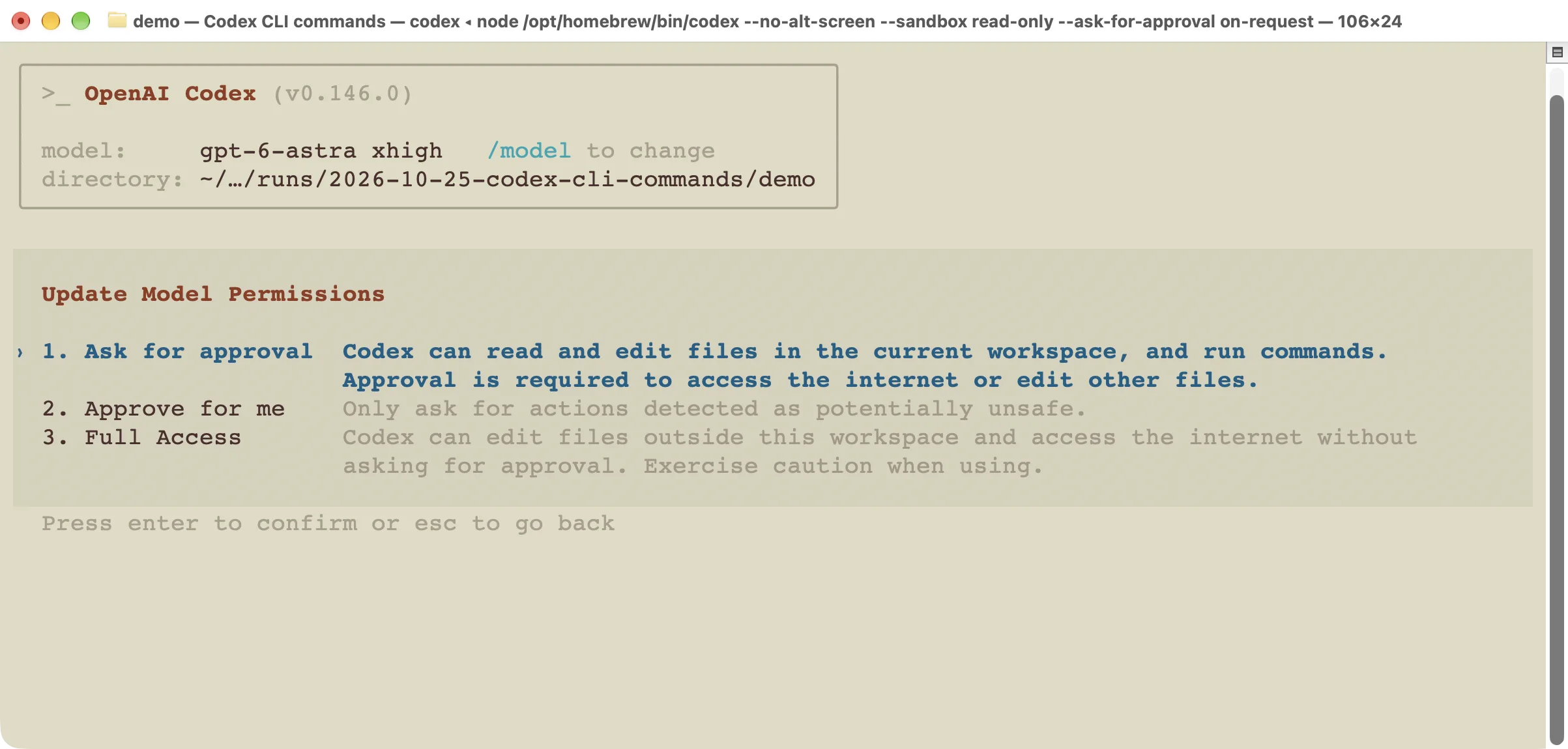 The Codex permission menu showing Ask for approval, Approve for me, and Full Access.